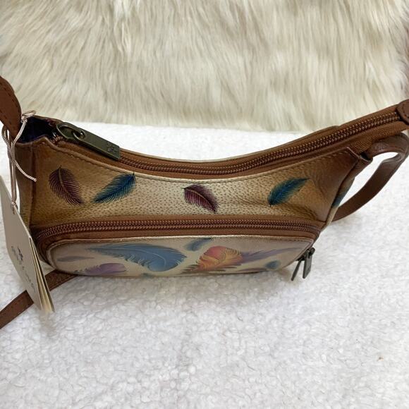 ANUSCHKA Colorful Small Hand Painted Leather "FEATHERS" Zip Top Organizer XBody - Picture 8 of 16